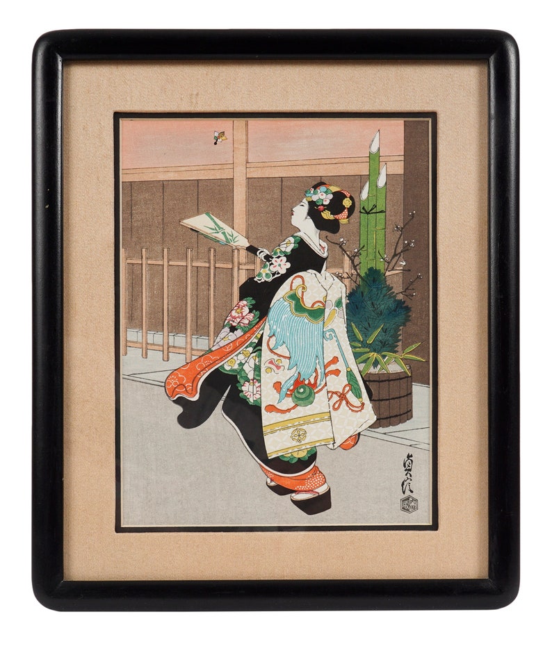Sadanobu Hasegawa Woodblock Print Japan Maiko Girl, playing Hanetsuki game image 2