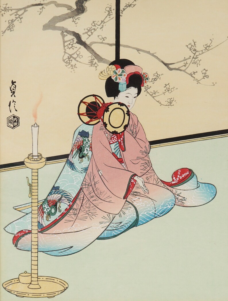 Sadanobu Hasegawa Woodblock Print Japan Maiko Girl, playing Hand-Drum image 3
