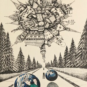 May include: A black and white ink drawing of a city floating above a road lined with pine trees. The city is made up of many buildings and towers, and it appears to be upside down. Two blue and white orbs are on the road, one of which has a person inside.