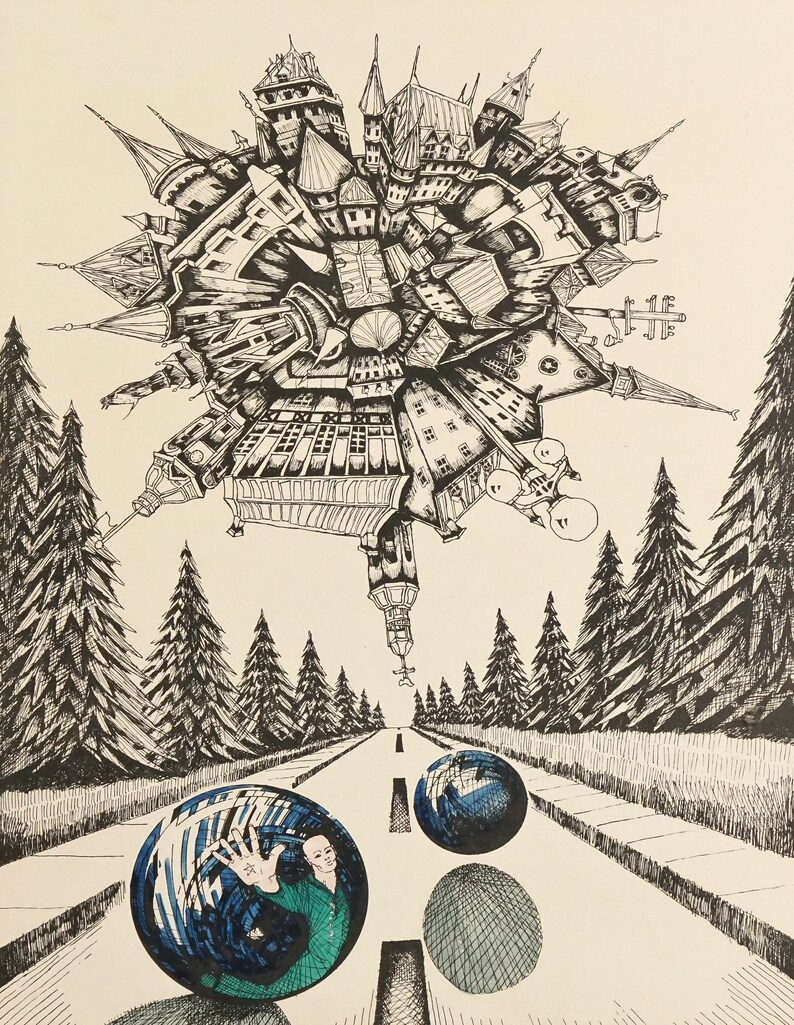 May include: A black and white ink drawing of a city floating above a road lined with pine trees. The city is made up of many buildings and towers, and it appears to be upside down. Two blue and white orbs are on the road, one of which has a person inside.
