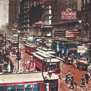 May include: A vintage illustration of a city street scene with red trams, buildings, and people. The trams are labelled "Columbia Burlesque" and "Shop Suey".