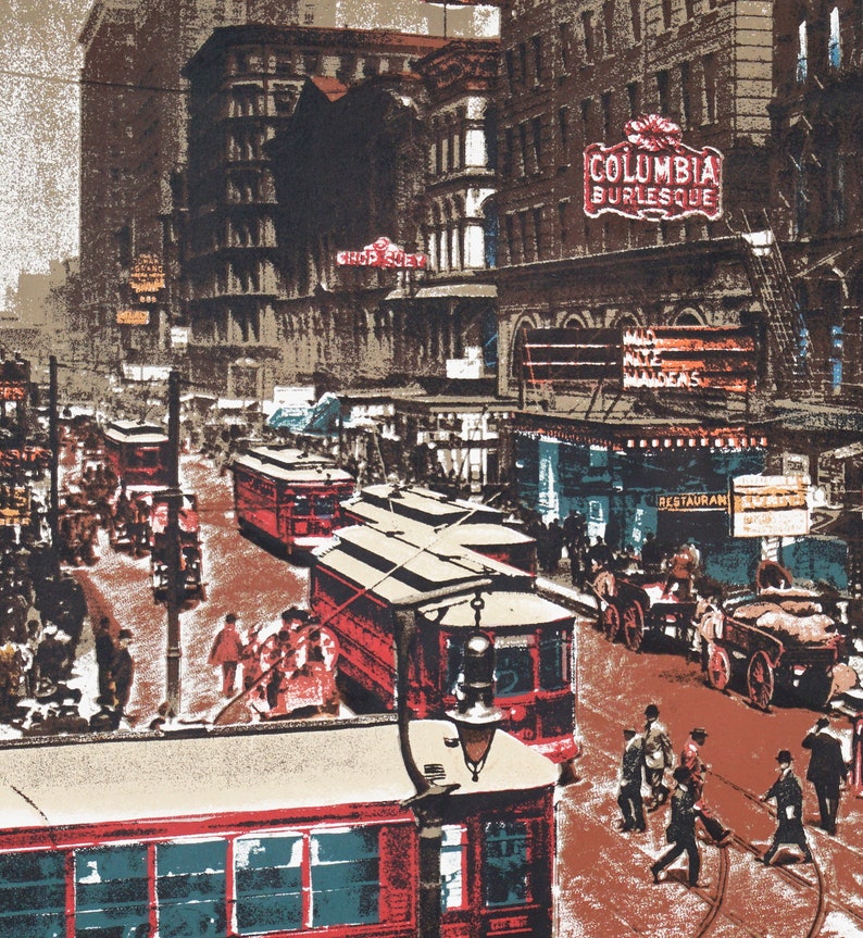 May include: A vintage illustration of a city street scene with red trams, buildings, and people. The trams are labelled "Columbia Burlesque" and "Shop Suey".