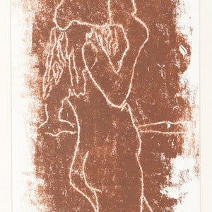 Vintage Woodcut Monoprint on Paper Nude Woman Brown Print image 3
