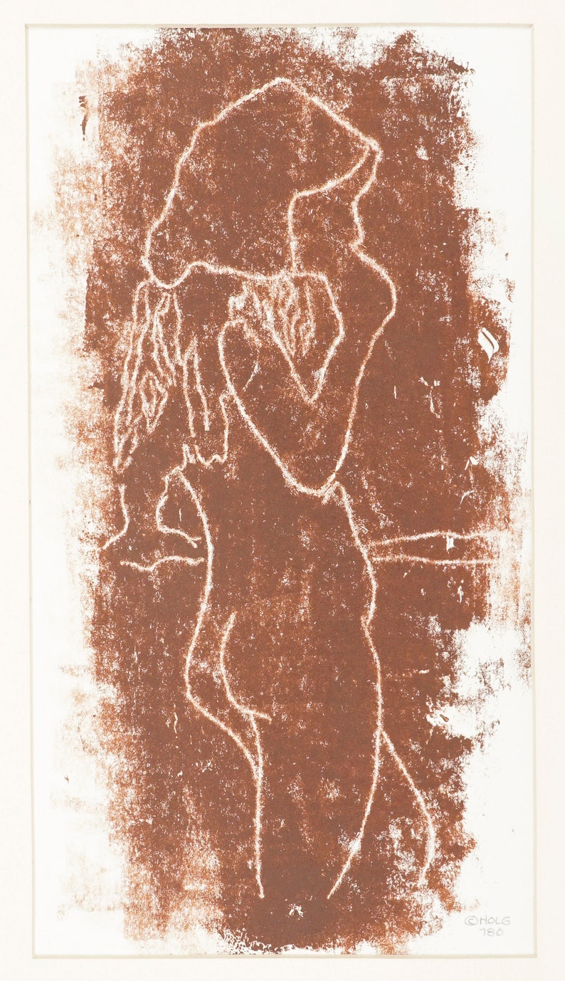 Vintage Woodcut Monoprint on Paper Nude Woman Brown Print image 3