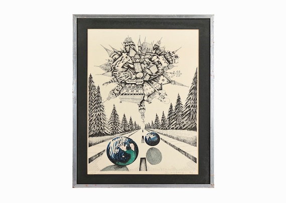 1976 Surreal Markers Drawing on Paper Vintage Deschamps