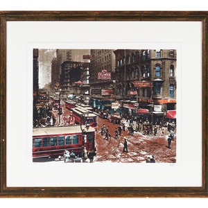May include: A vintage-style print depicting a bustling city street scene with red trams, pedestrians, and shop fronts displaying signs such as "Columbia Burlesque" and "Chop Suey".