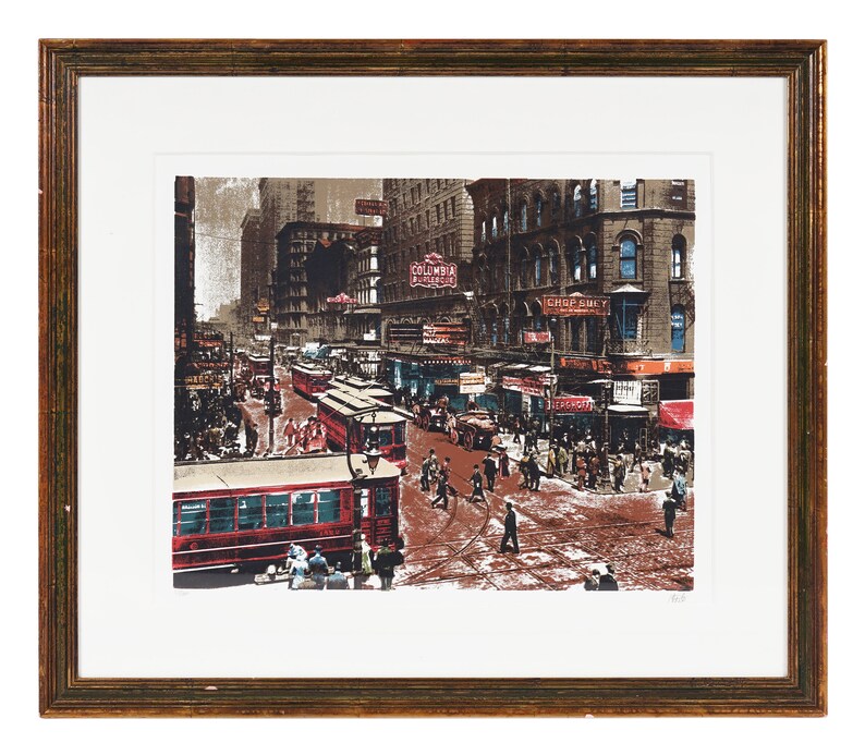 May include: A vintage-style print depicting a bustling city street scene with red trams, pedestrians, and shop fronts displaying signs such as "Columbia Burlesque" and "Chop Suey".