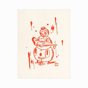 Könnte beinhalten: Eine rote und weiße Illustration einer Comicfigur mit einer Meerjungfrau auf dem Kopf. Die Figur hat einen großen Kopf mit zwei großen Augen und einem kleinen Mund. Die Meerjungfrau hält einen Fisch in ihrem Schwanz. Die Illustration ist auf weißem Hintergrund.