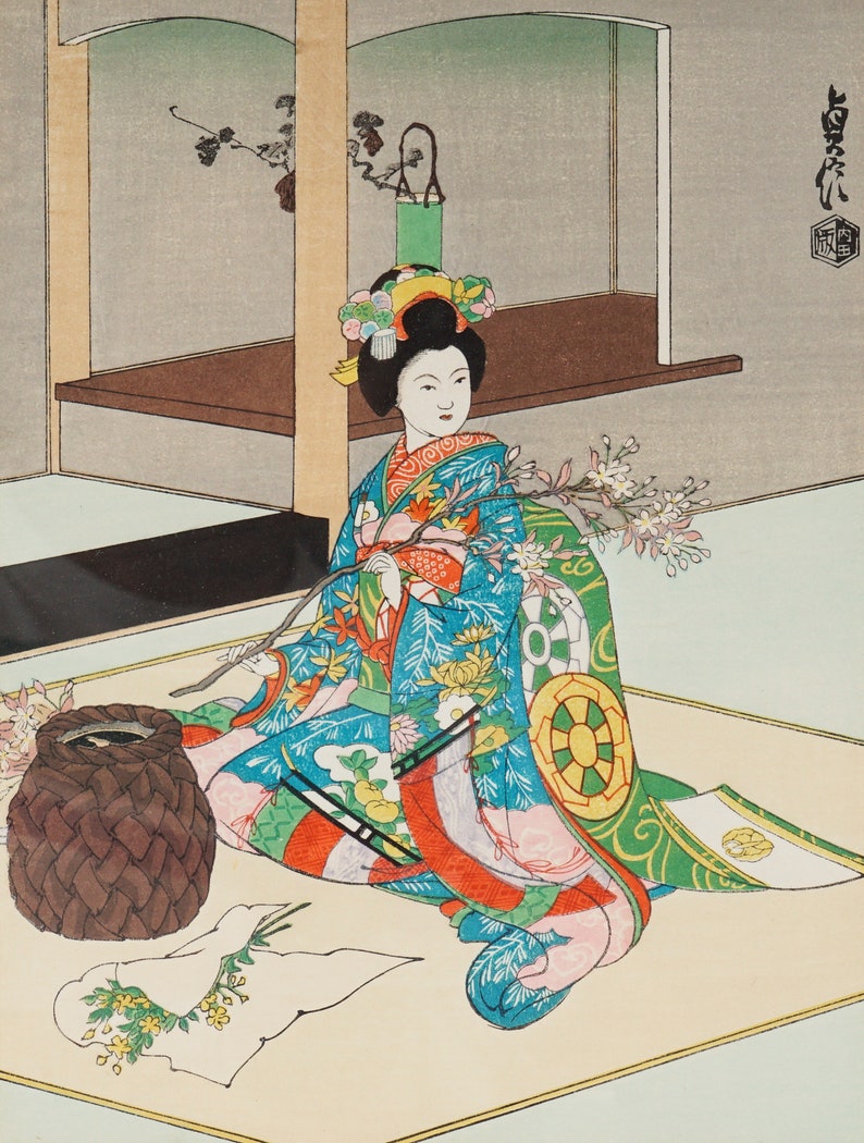 Sadanobu Hasegawa Woodblock Print Japan Maiko Girl, doing Flower Arrangement image 3