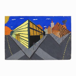 J. Blakley Gouache Painting su carta Corso d'arte Skyline di Chicago di metà secolo
