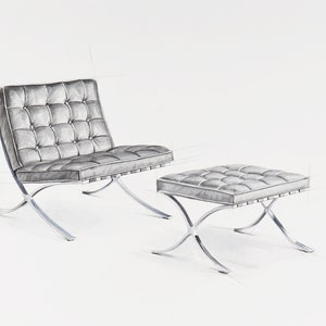 May include: A black leather armchair and ottoman with a tufted design and a chrome frame.