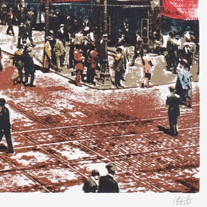 May include: A vintage-style print depicting a busy city street scene with people walking on a cobbled street. The print is in shades of red, brown, and white.