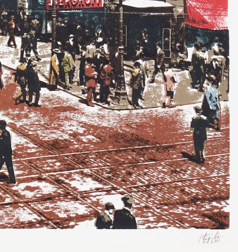 May include: A vintage-style print depicting a busy city street scene with people walking on a cobbled street. The print is in shades of red, brown, and white.