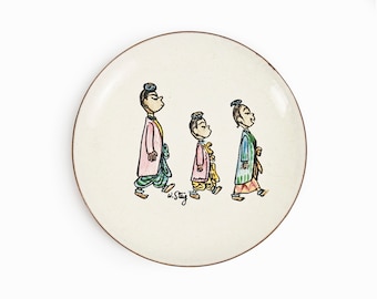 William Steig Enameled Plate Asian Girls Vintage Copper Bernad