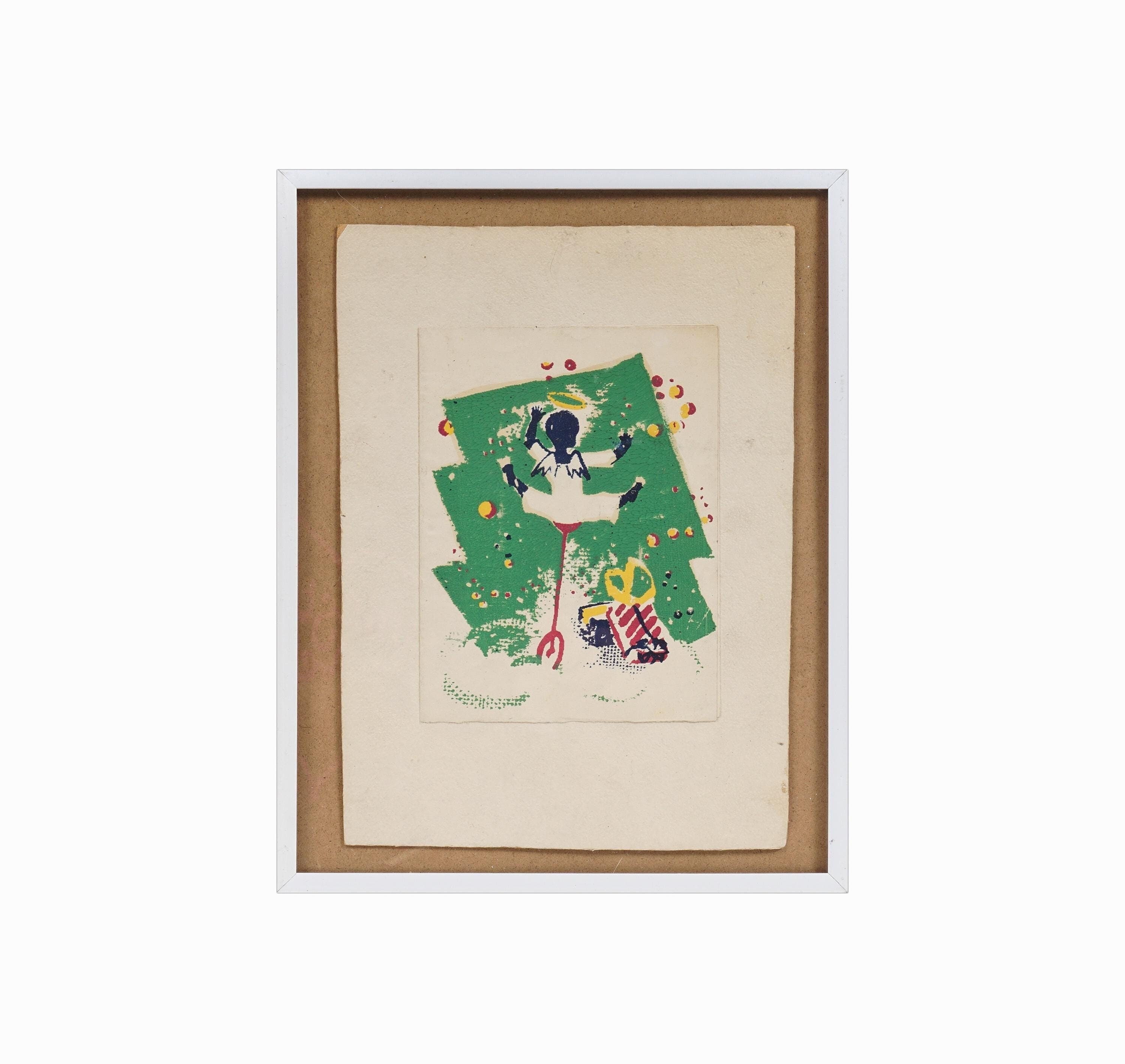 1960s Serigraph on Paper Print Silk-Screen Christmas Tree Vintage Mid Century