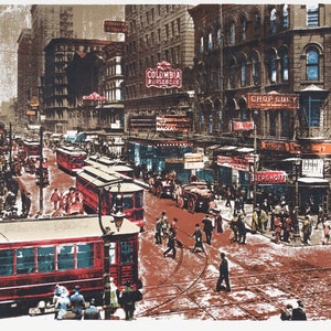 May include: A vintage illustration depicting a bustling city street scene with red trams, horse-drawn carriages, and pedestrians. The scene is dominated by brick buildings with signs for "Columbia Burlesque" and "Chop Suey".