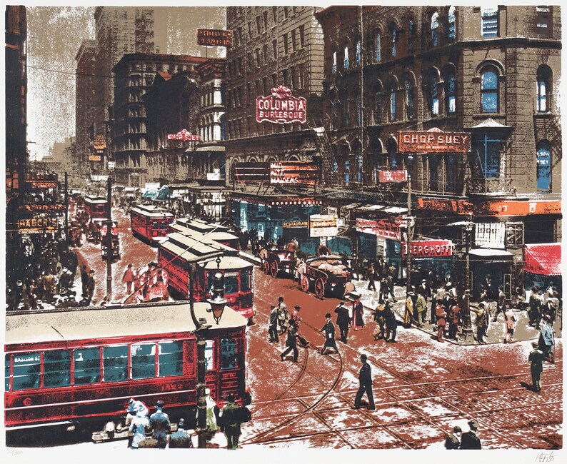 May include: A vintage illustration depicting a bustling city street scene with red trams, horse-drawn carriages, and pedestrians. The scene is dominated by brick buildings with signs for "Columbia Burlesque" and "Chop Suey".