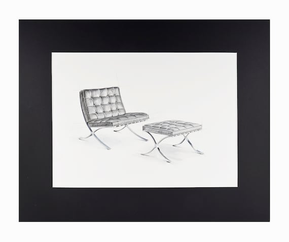 Watercolor Painting Barcelona Chair Mies van der Rohe Interior Design Mid Century Modern
