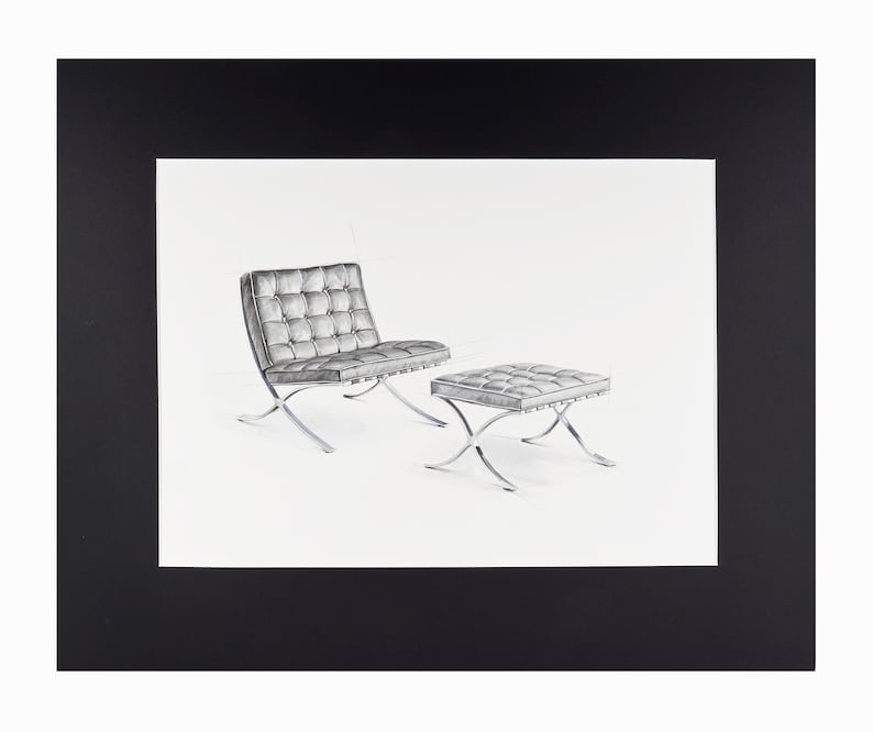 May include: A black and white line drawing of a chair and ottoman with tufted upholstery. The chair and ottoman have a chrome frame.
