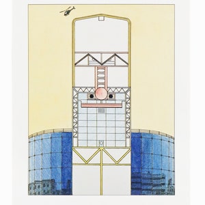 Puede incluir: Un dibujo en blanco y negro de un edificio con un helic&oacute;ptero volando por encima. El edificio est&aacute; hecho de vidrio y acero y tiene un gran espacio abierto en el medio. El dibujo est&aacute; sobre un fondo blanco.