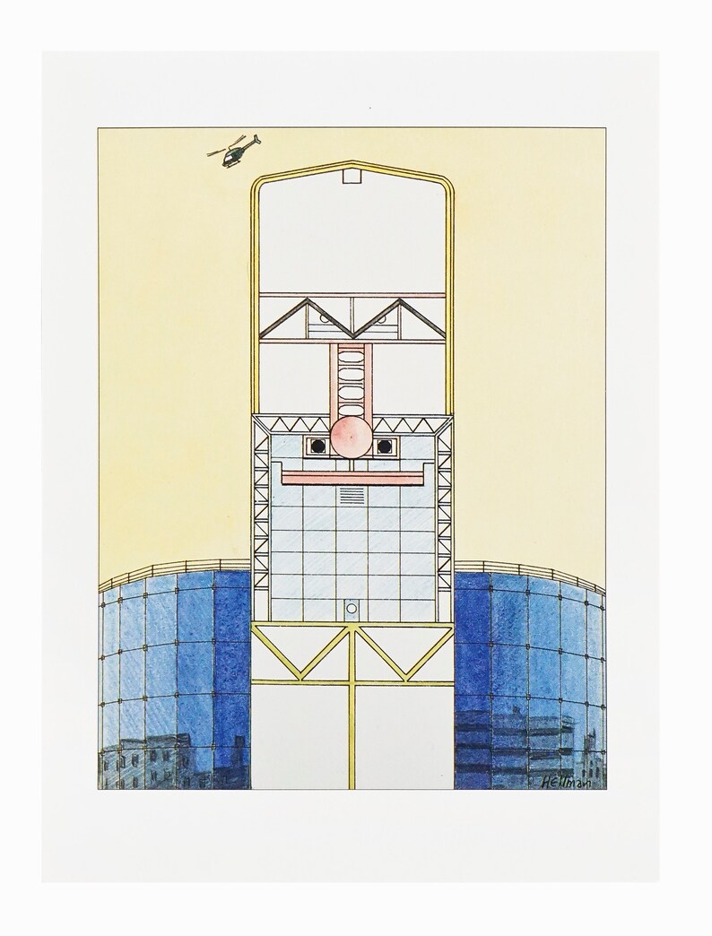 Puede incluir: Un dibujo en blanco y negro de un edificio con un helic&oacute;ptero volando por encima. El edificio est&aacute; hecho de vidrio y acero y tiene un gran espacio abierto en el medio. El dibujo est&aacute; sobre un fondo blanco.