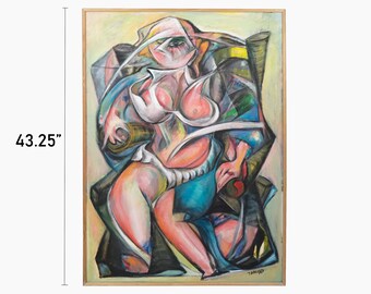 Vintage Tomoko Cubist Figure Oil Painting