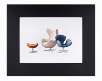 Watercolor Painting Egg Chair Arne Jacobsen Interior Design Mid Century Modern