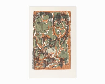 Puede incluir: Impresión de arte abstracto con dos caras en tonos verdes y marrones. La impresión tiene un aspecto texturizado y está enmarcada con un borde blanco.