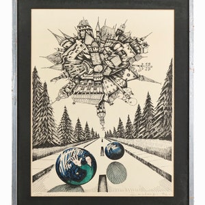 May include: A black and white ink drawing of a surreal cityscape with buildings stacked on top of each other. The city is floating above a road with two large blue spheres on the road. The road is lined with pine trees.