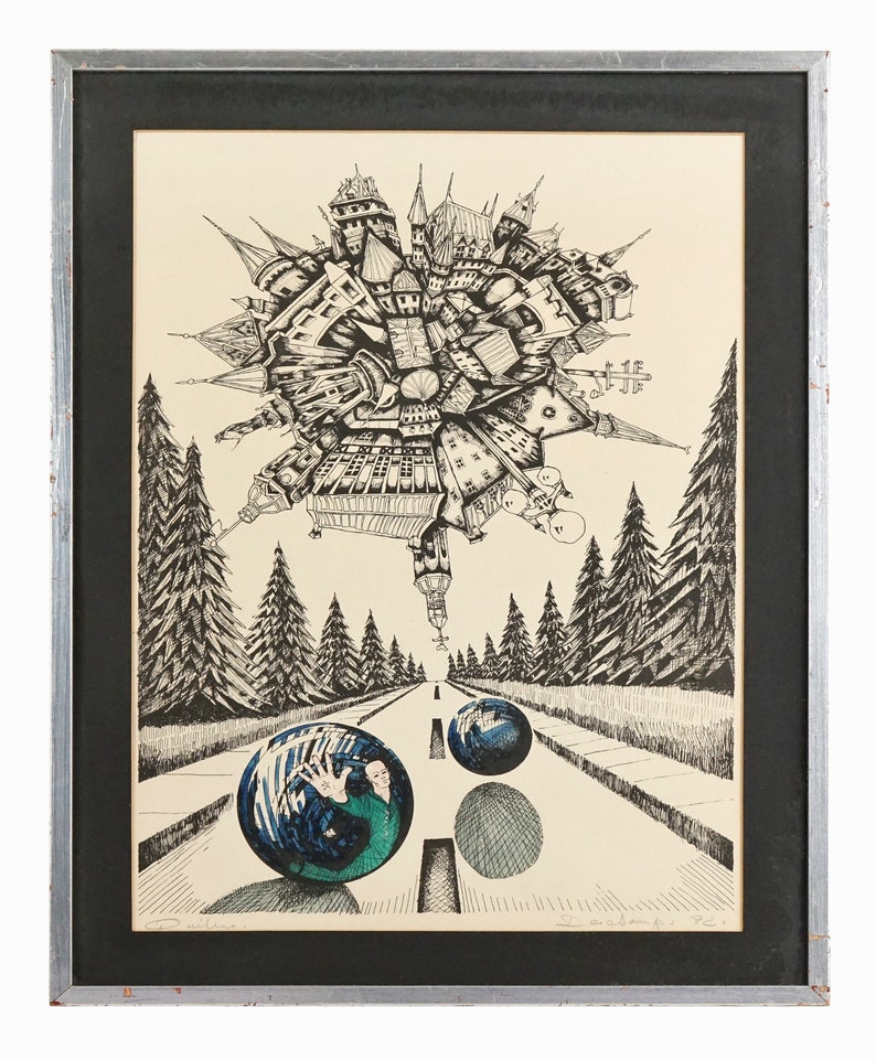 May include: A black and white ink drawing of a surreal cityscape with buildings stacked on top of each other. The city is floating above a road with two large blue spheres on the road. The road is lined with pine trees.