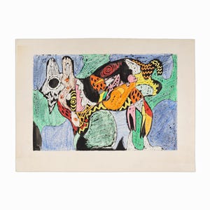 Oil Pastel Drawing on Paper Outsider Art Colorful Animal Mid Century Vintage