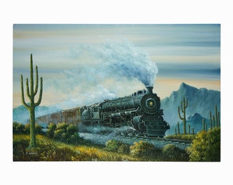 Vintage Oil Painting Locomotive Railway
