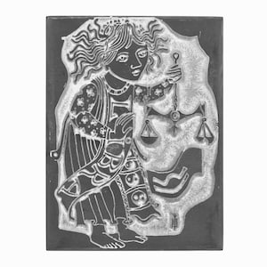 May include: A black and white illustration of a woman holding a scale. The woman is wearing a long robe with a pattern of stars and waves. The scale is balanced and has a small circle at the top.