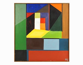 1978 Ray Simms Hard-edge Abstract Oil Painting on Canvas Mid Century Modern