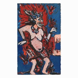 Op de afbeelding: Een schilderij van een persoon met rood haar en een rood-zwarte geruite rok, staand op een blauwe achtergrond. De persoon houdt een rode bloem in zijn rechterhand.