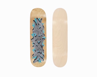 May include: Two wooden skateboards. One features a gray and black graffiti design with teal accents. The other skateboard is plain wood. Both skateboards are shown against a white background.