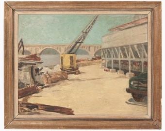 1960 Salom Oil Painting on Board Industrial Construction Site Scene
