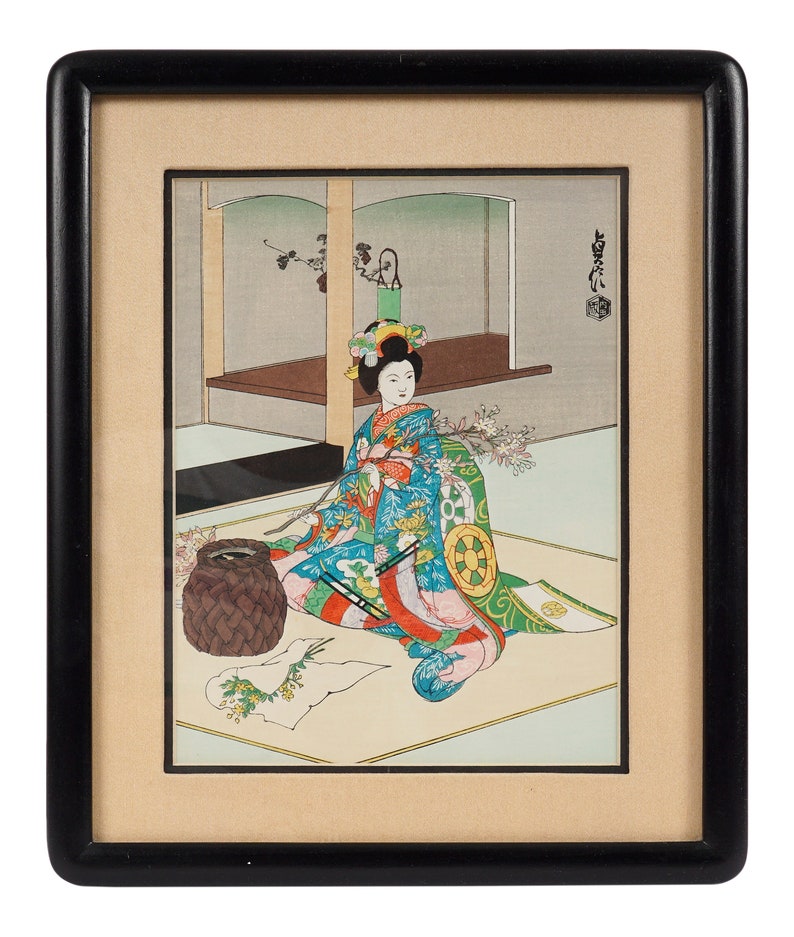 Sadanobu Hasegawa Woodblock Print Japan Maiko Girl, doing Flower Arrangement image 2