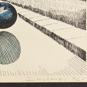 May include: Black and white ink drawing of two spheres with a grid pattern. The spheres are on a white background with a black and white grid pattern. The drawing is signed "Dardani 72".