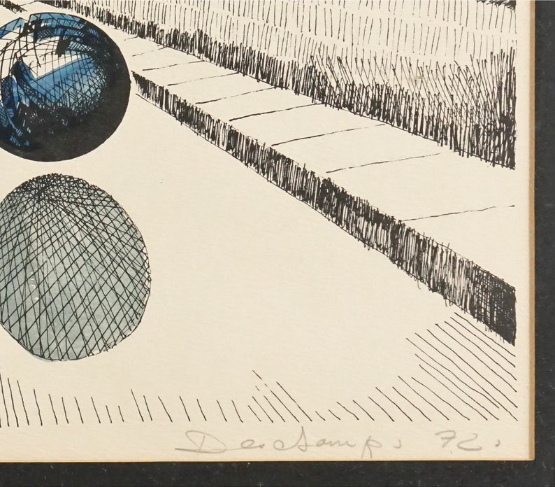 May include: Black and white ink drawing of two spheres with a grid pattern. The spheres are on a white background with a black and white grid pattern. The drawing is signed "Dardani 72".