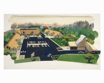 May include: A watercolor illustration of a modern apartment complex with a large parking lot and a building with a solar panel on the roof. The complex is surrounded by trees and grass.