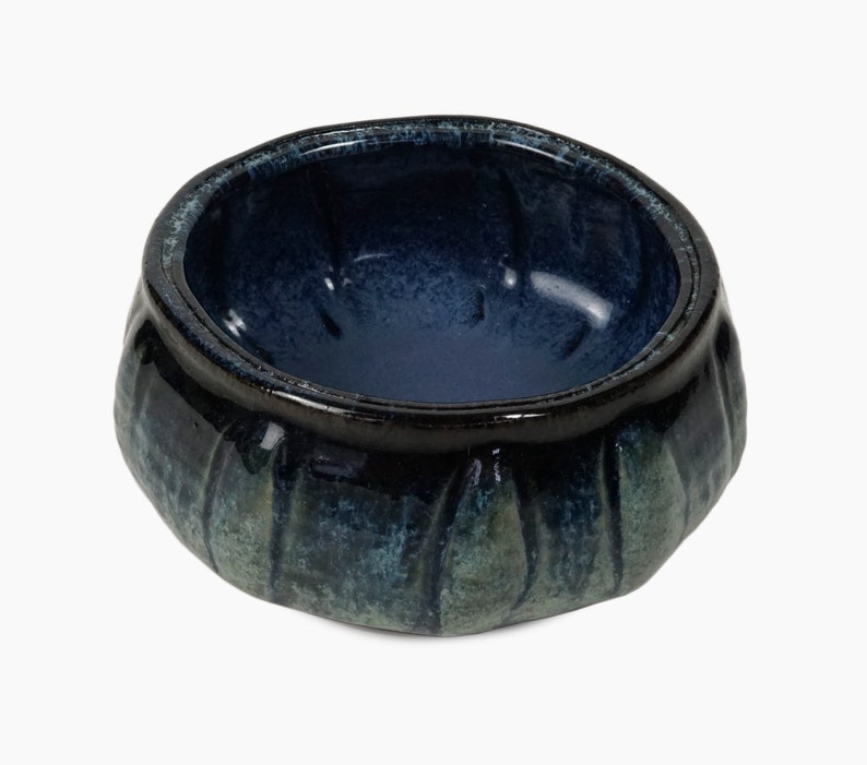 Vintage Ceramic Vase Round Shaped Blue Streaks Black Edge Green image 1