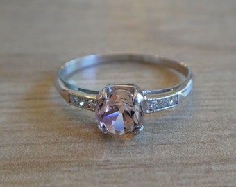 Art Deco 1920's Platinum Diamond ring with Fiery Old European Antique Cut Morganite Center