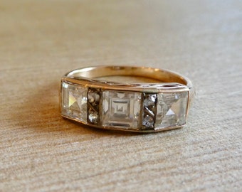 Stunning Edwardian Genuine Rose Gold Antique Ring with 4 Rose Cut Diamonds and Three Larger Carre Cut Stones