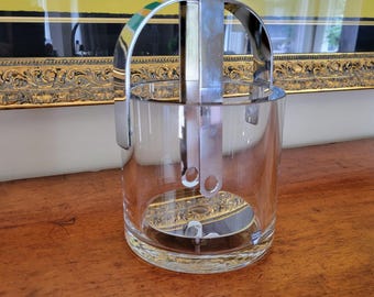 Vintage ORREFORS Sweden Crystal Ice Bucket with Nesting Chrome Tongs & Drain Plate
