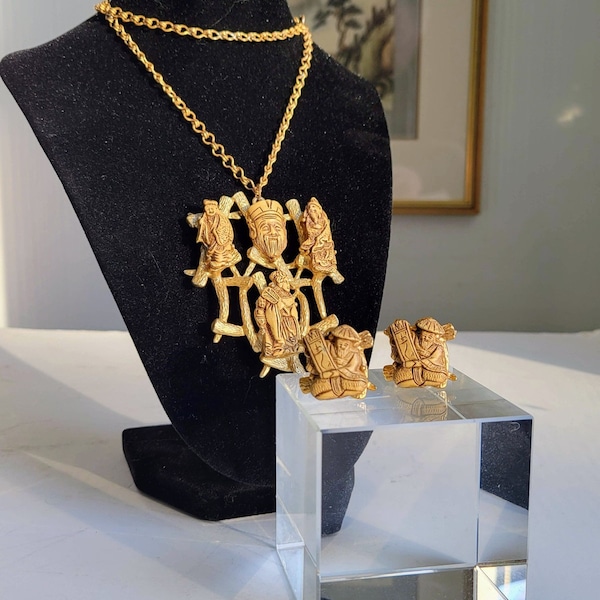 Vintage Selro 'Asian Gods of Fortune' Necklace and Earrings Set