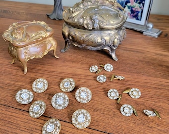 Rare Vintage LIDZ Signed Art Deco Brass Rhinestone Waistcoat Button & Stud Set