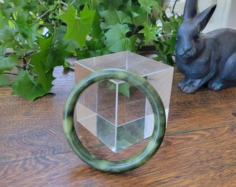 Vintage Chinese Mottled Green Carved Nephrite Jade Bangle Bracelet - 60mm