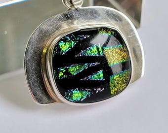 Vintage Taxco Sterling Silver Modernist Pendant with Dichoric Glass