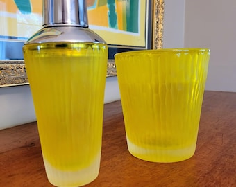 Vintage MCM Yellow Art Glass Cocktail Shaker & Ice Bucket Set
